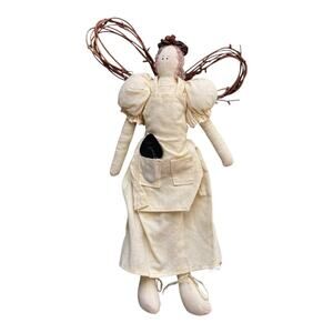 Vintage Primitive Angel Doll 11in Tall with wooden wings